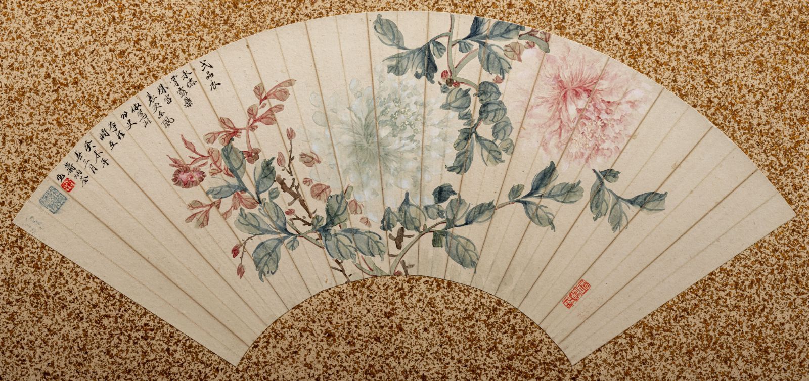 古美術】陸應祥 蔣炳荃 扇面散らし 二曲屏風 金砂子地：花鳥図・山水図