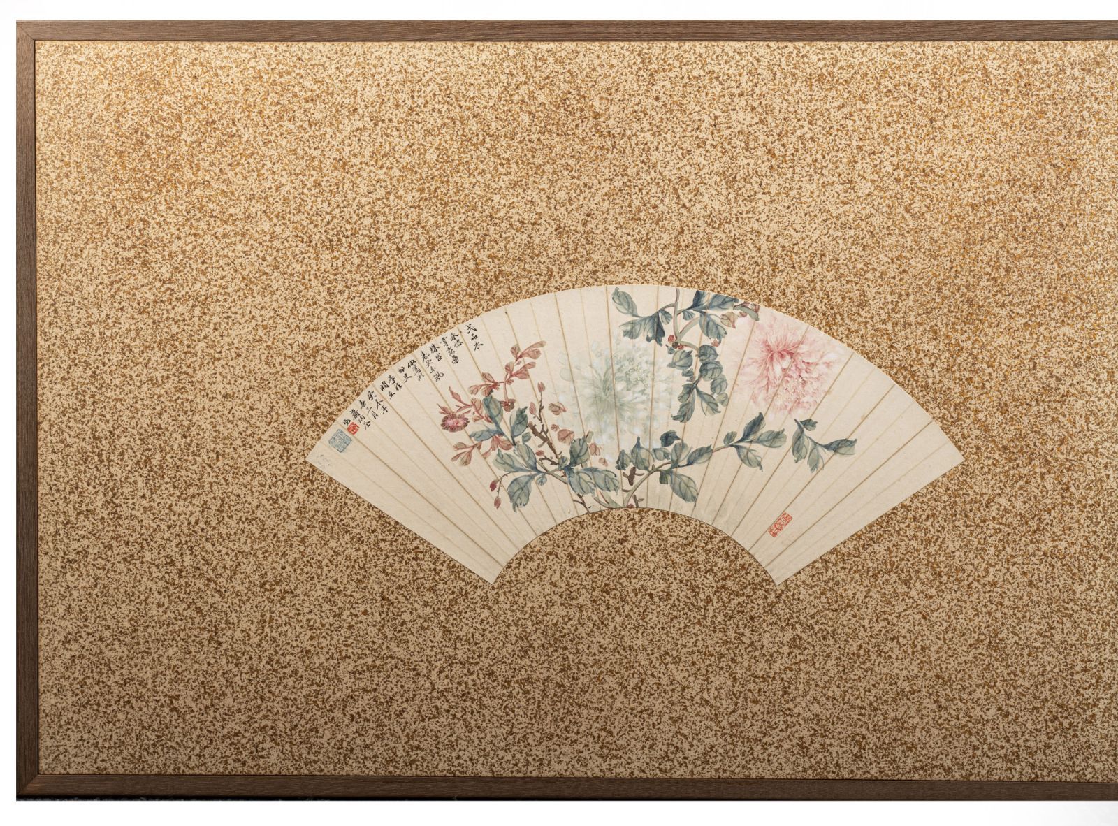 古美術】陸應祥 蔣炳荃 扇面散らし 二曲屏風 金砂子地：花鳥図・山水図