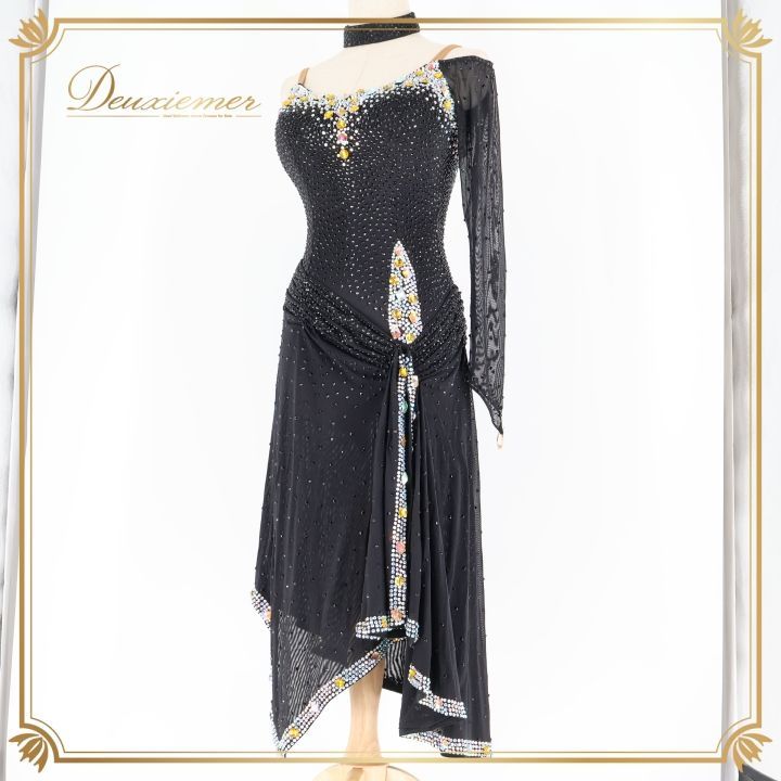 社交ダンス 衣装 ラテン ドレス ワンピース 黒 ビジュー デモ 競技