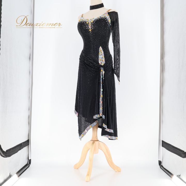 社交ダンス 衣装 ラテン ドレス ワンピース 黒 ビジュー デモ 競技
