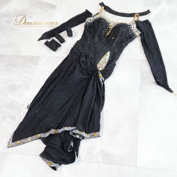 社交ダンス ドレス 黒 ゴールド 競技会 パーティー　デモ 社交ダンス 衣装 ラテン ドレス ワンピース 黒 ビジュー デモ 競技