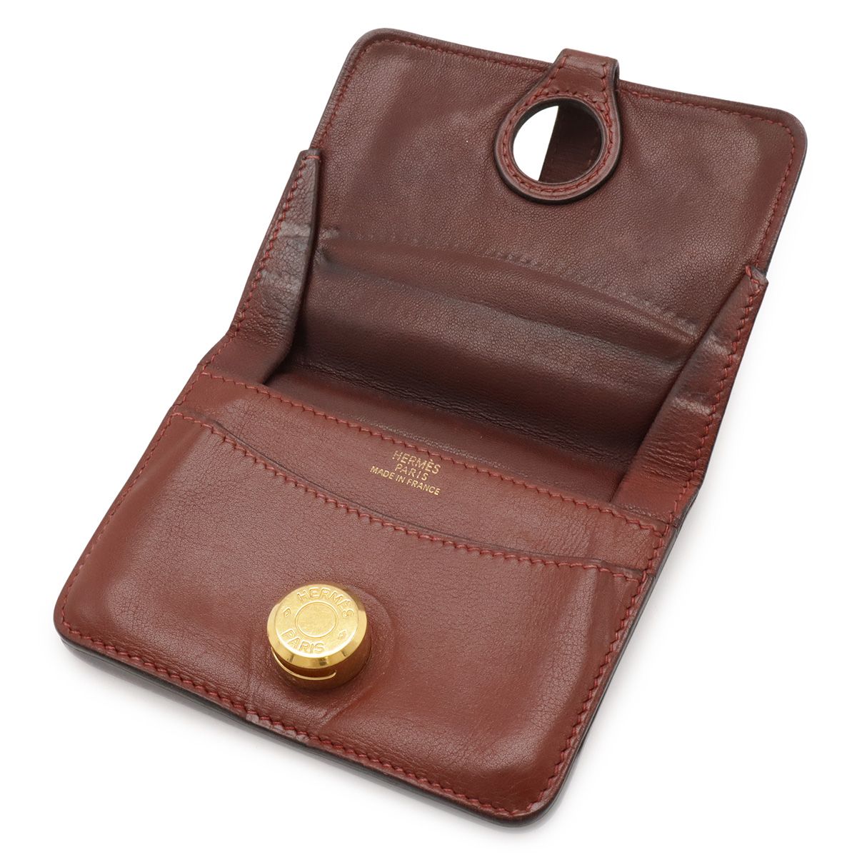 美品☆　エルメス　ドゴン　ケース　ダークブラウン×赤　□K刻印 美品☆エルメスドゴンコインケースダークブラウン×赤□K刻印