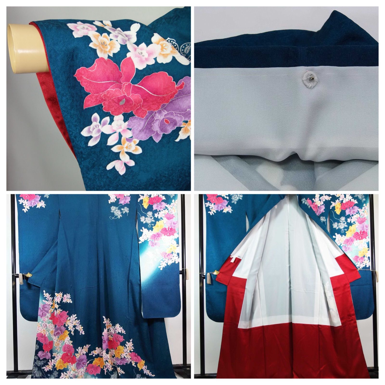 正絹 金彩 花文様 訪問着 パールトーン 美品・パールトーン加工】青緑地 振袖＊幻想的花文様／正絹（長襦袢