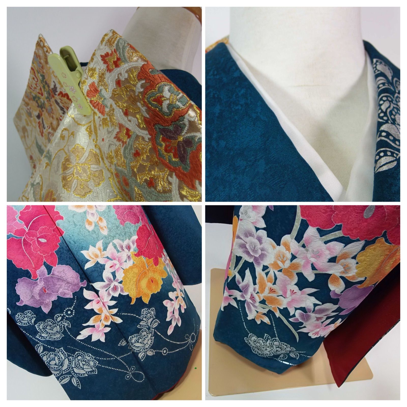 美品・パールトーン加工】青緑地 振袖＊幻想的花文様／正絹（長襦袢