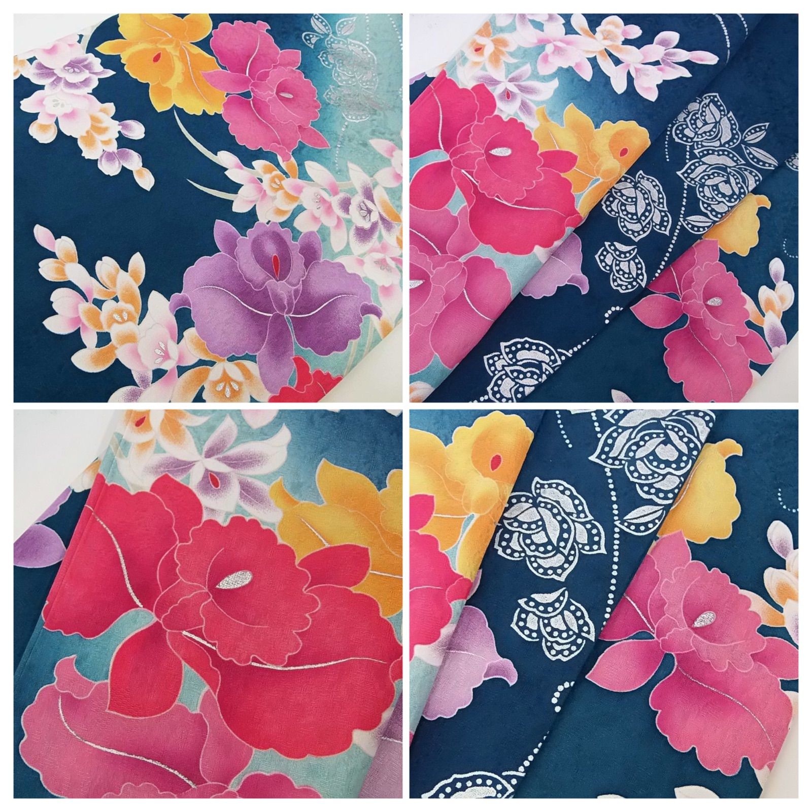 美品・パールトーン加工】青緑地 振袖＊幻想的花文様／正絹（長襦袢