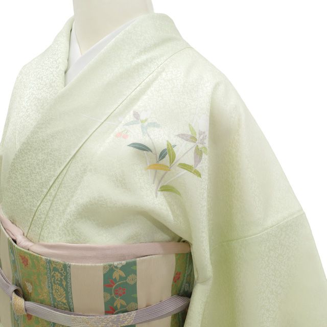 新品】 訪問着 着物 未使用 正絹 袷 フォーマル ライトグリーン 薄緑