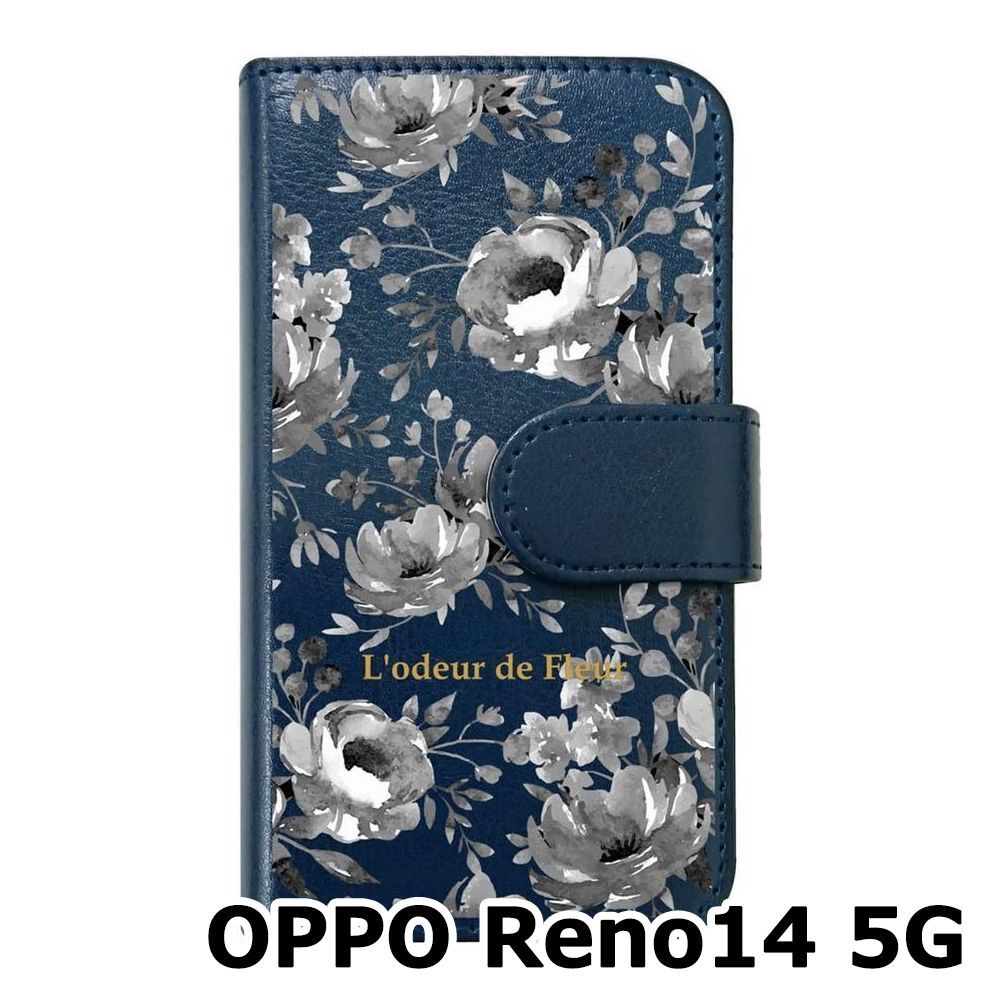 新品未使用】 OPPO Reno14 5G 手帳型スマホ ケース 花柄 (手帳ネイビー