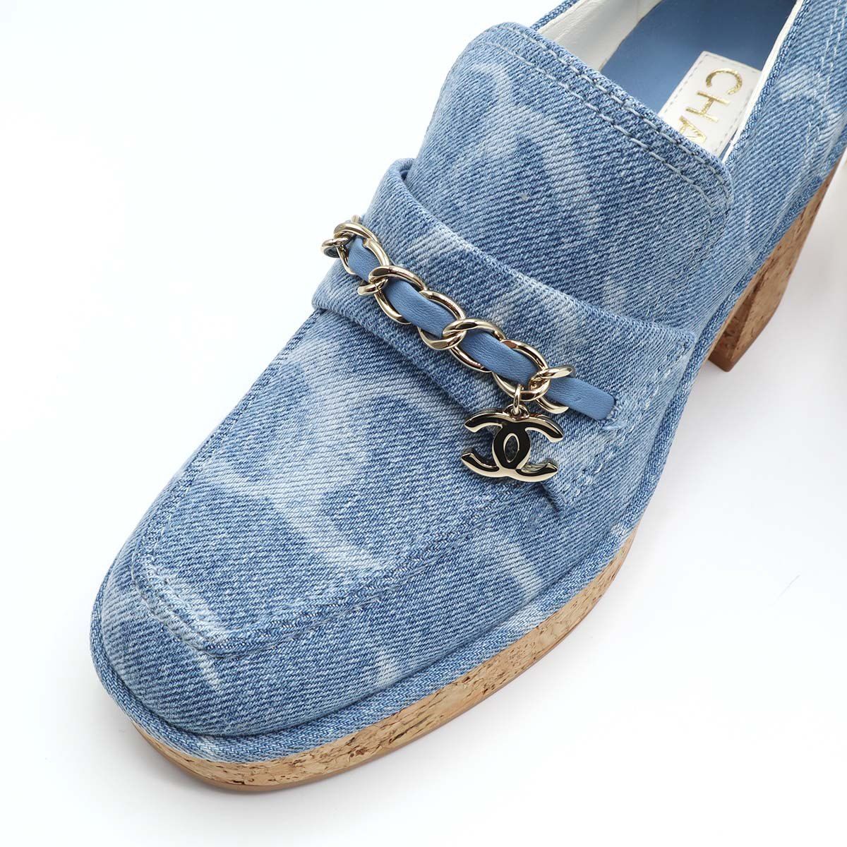 CHANEL シャネル パンプス デニム レザー バイカラー 38 インディゴ CHANEL シャネル 靴 ヒール ローファー インディゴ デニム コ