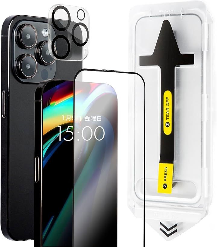 プレミアムガラスフィルム（PREMIUM GLASS FILM） 保護フィルム + カメラフィルム セット ガイド枠付き 簡単貼り付け 日本メーカー (レギュラー，  iPhone 17 Pro 用 (6.3インチ))