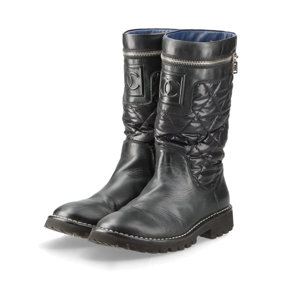 美品 シャネル CC コココクーン ロング ブーツ 36 1/2 レザー ナイロン