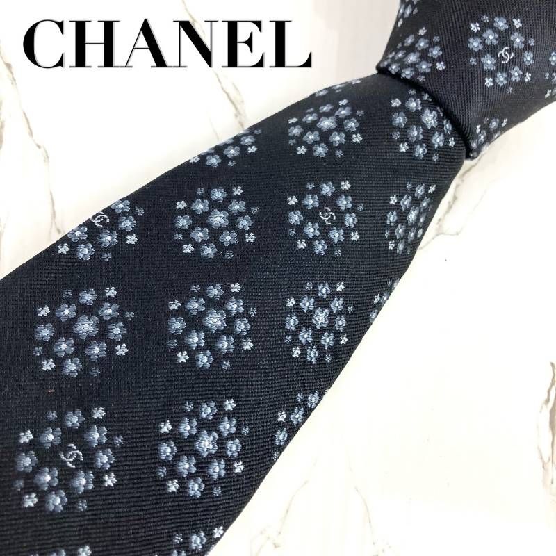 美品 CHANEL シャネル ネクタイ ココマーク カメリア ロゴ パターン柄