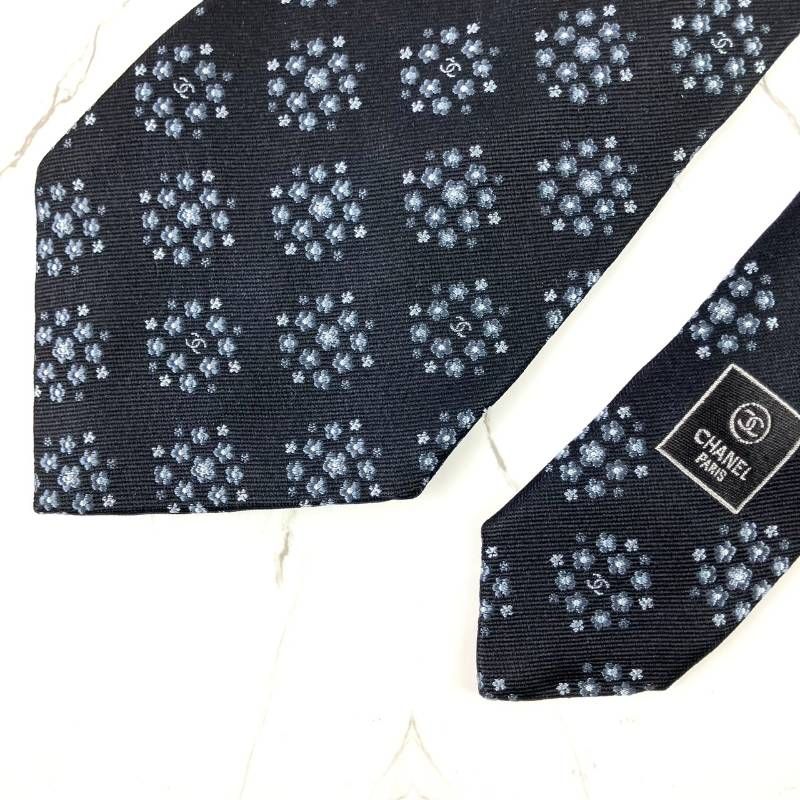 美品 CHANEL シャネル ネクタイ ココマーク カメリア ロゴ パターン柄