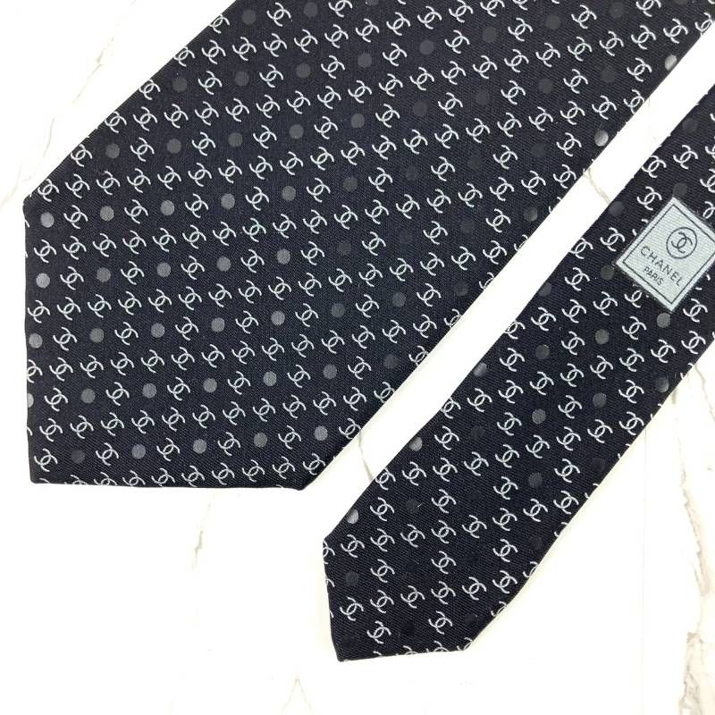 未使用に近い CHANEL シャネル ネクタイ ココマーク総柄×ドット柄 ロゴ