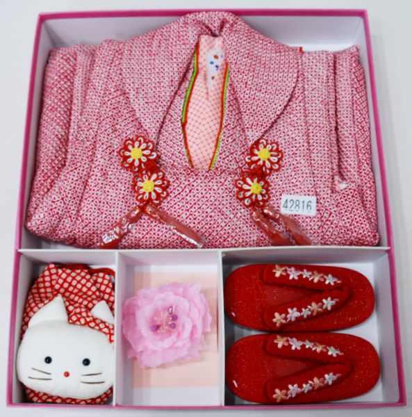 七五三 三歳 女児 正絹 総絞り 被布着物フルセット 赤色 被布に刺繍