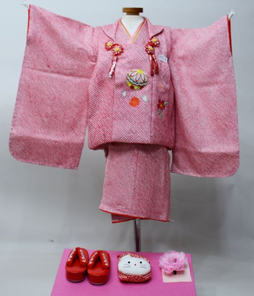 七五三 三歳 女児 正絹 総絞り 被布着物フルセット 赤色 被布に刺繍