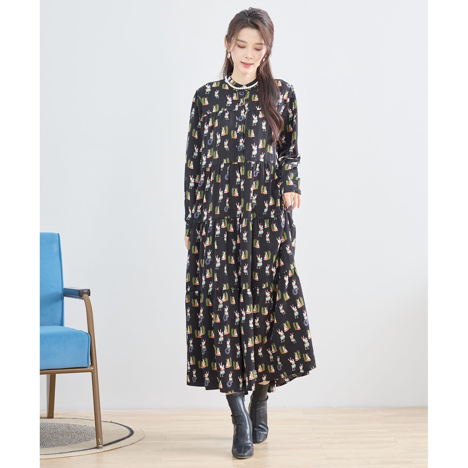 じゅん⭐️新品未使用⭐️ギンガムうさぎが可愛い⭐️ロングワンピース ☆SALE☆現品限り☆【TRUBE reve bleu】うさぎイラスト柄 マキシロング