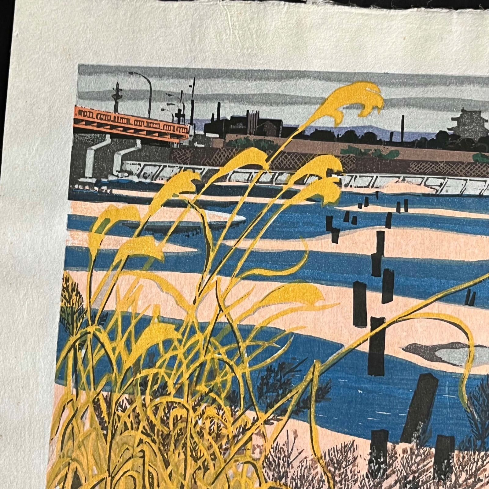 T 北岡文雄 木版画 岡崎八景 矢作川 直筆サイン 14/200 1977年制作