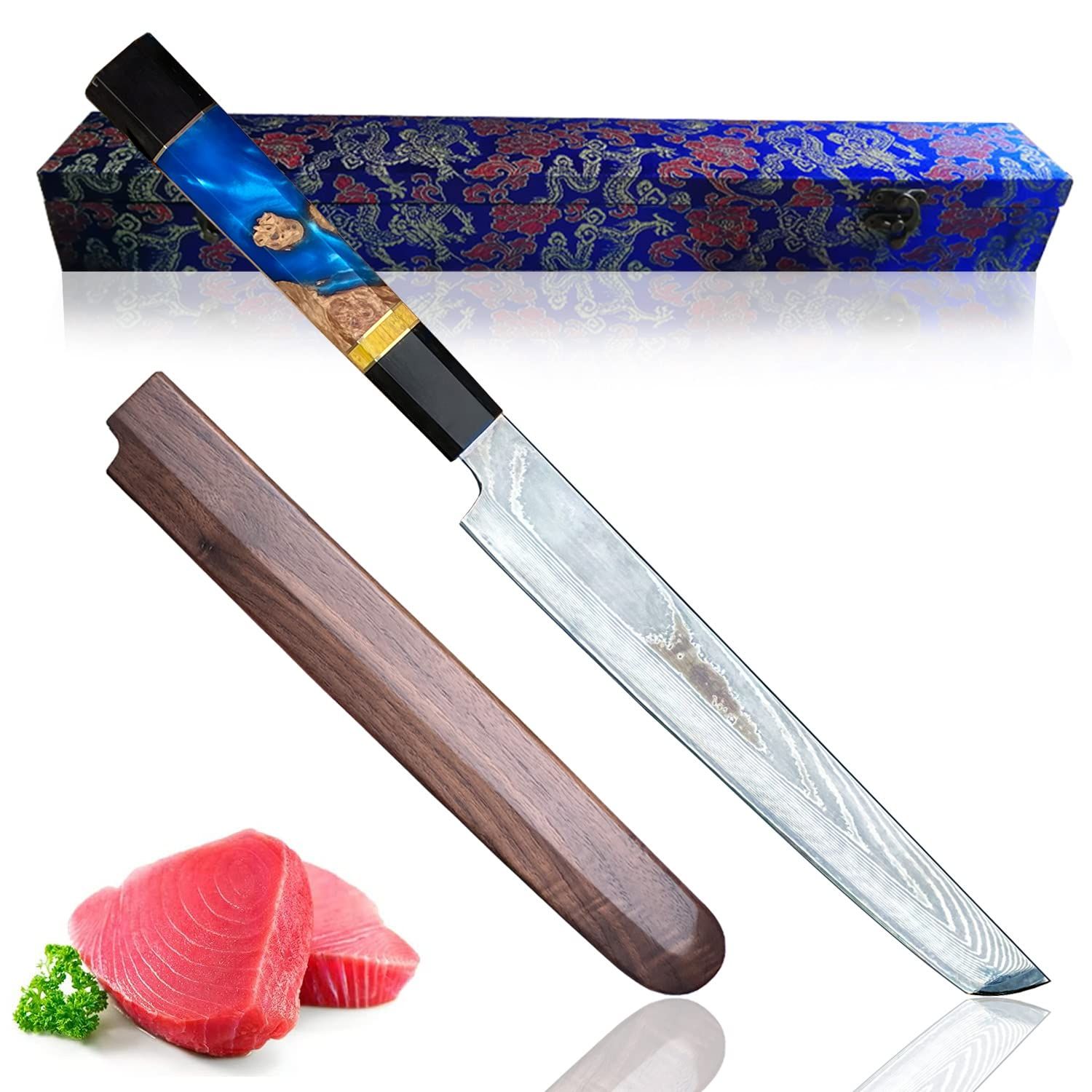 Utaki 先丸蛸引き包丁 刃渡り275 関東型刺身 Valkyrie ヴァルキュリア 67層ダマスカス クルミの天然木鞘付き