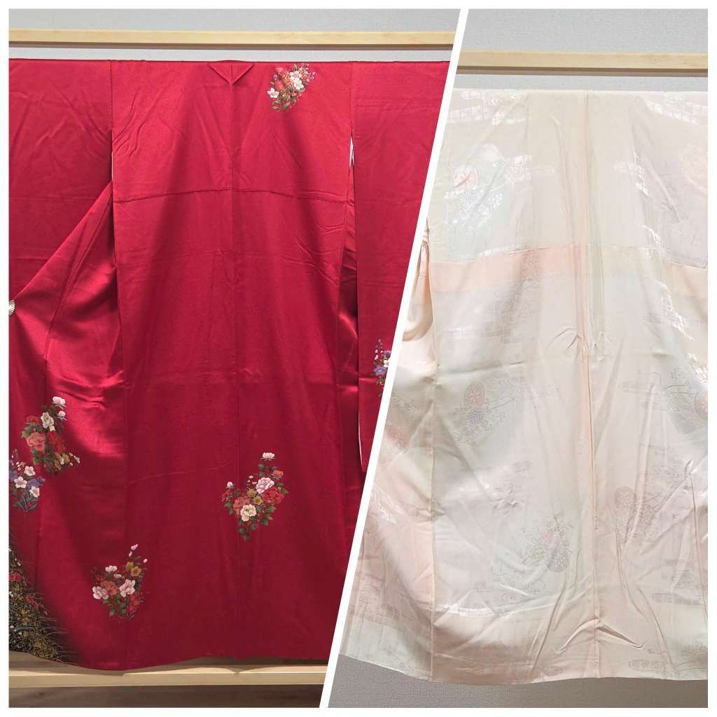 D5◇着物くつろぎ 振袖・襦袢セット かわいい花模様 金彩 赤色 牡丹