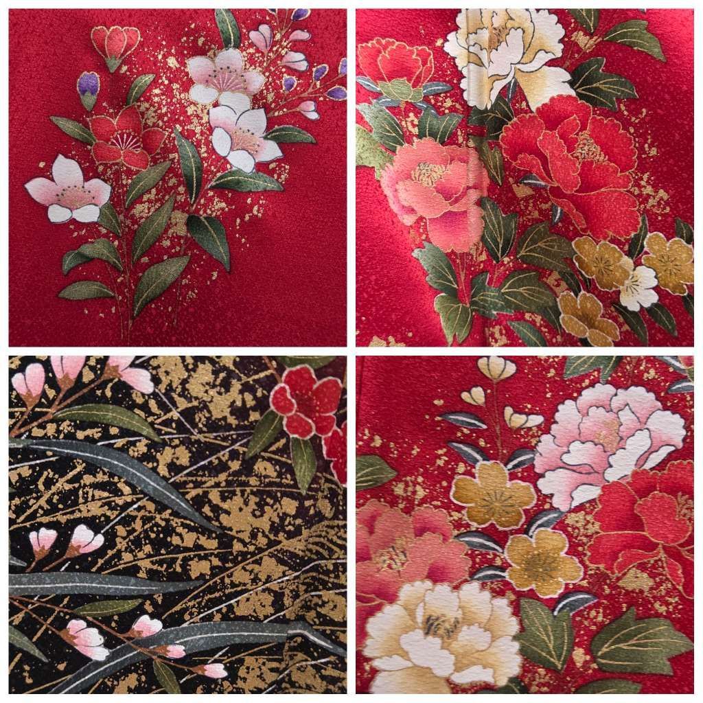 D5◇着物くつろぎ 振袖・襦袢セット かわいい花模様 金彩 赤色 牡丹