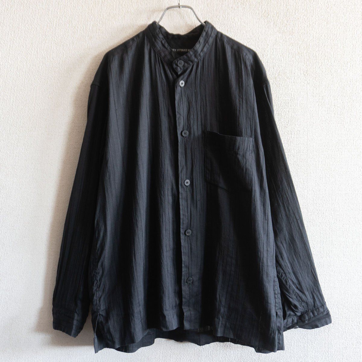 美品】ISSEY MIYAKE【バンドカラー シャツ】3 ブラック コットンリネン 