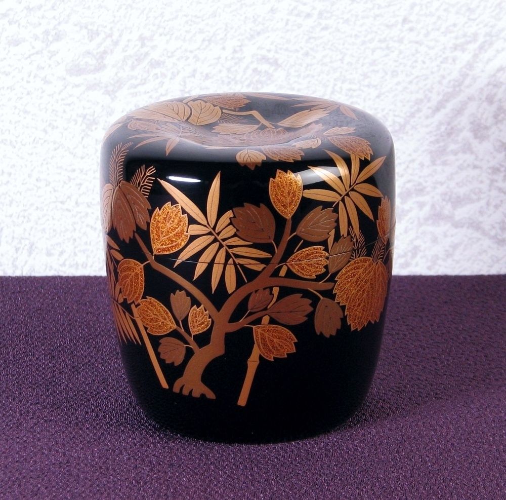 優品 加賀蒔絵師 岡本康光作 桐竹蒔絵竹大棗 ※希少な竹製の棗 幅：7.5