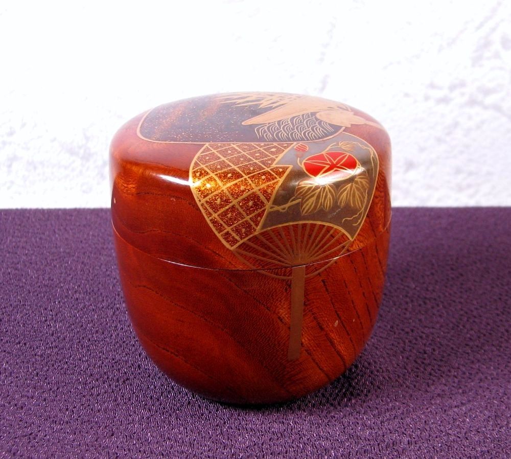 中村宗悦作 中棗 団扇に芦船 﨔サバ杢 幅：6.7cm 極美品 共箱・共布