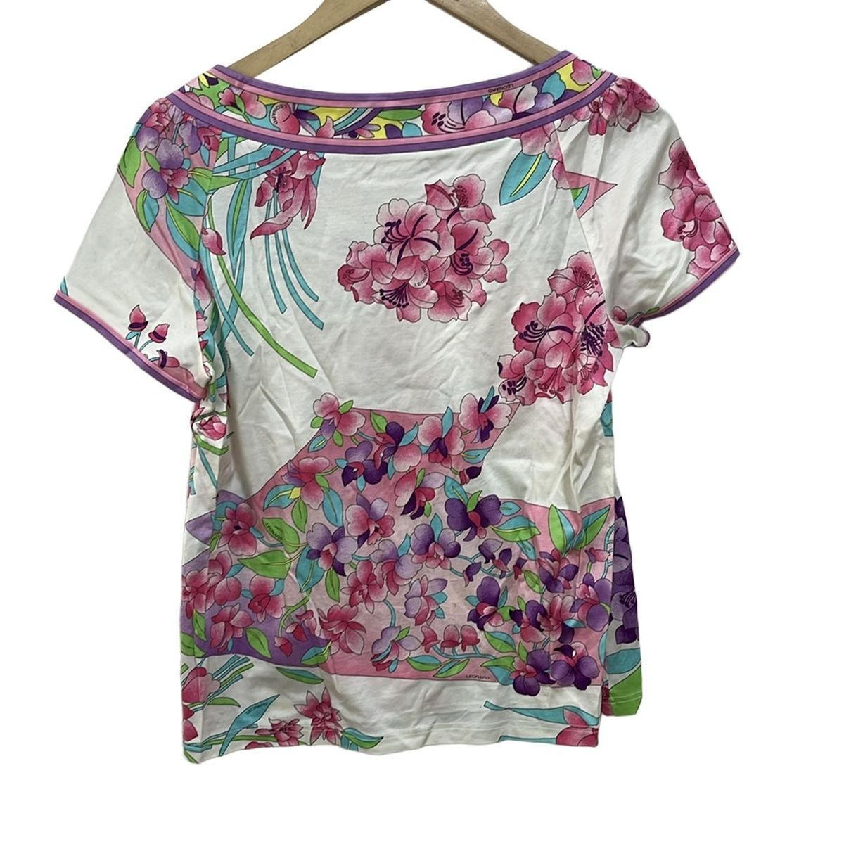 レオナール カットソー シャツ 半袖 花柄 トリム ホワイト マルチカラー M 美品❤️レオナールLEONARD 半袖ブラウスティシャツトリム花柄M