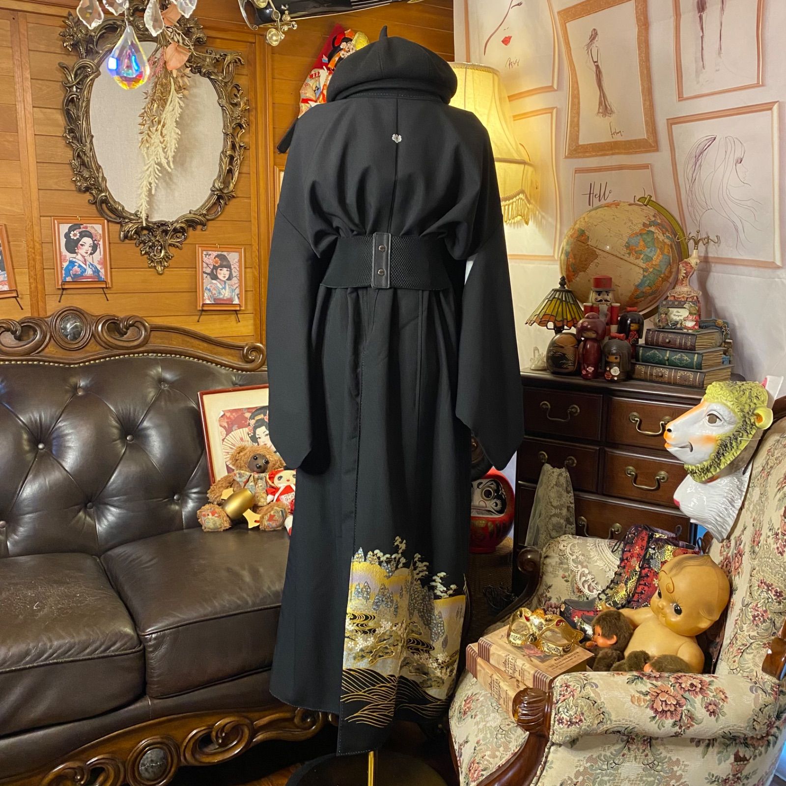 黒留袖 着物 リメイク ロングワンピース ドレス 和洋折衷 洗える 化繊 