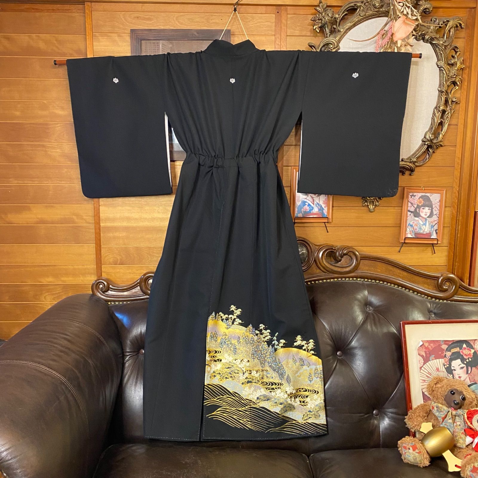 黒留袖 着物 リメイク ロングワンピース ドレス 和洋折衷 洗える 化繊 