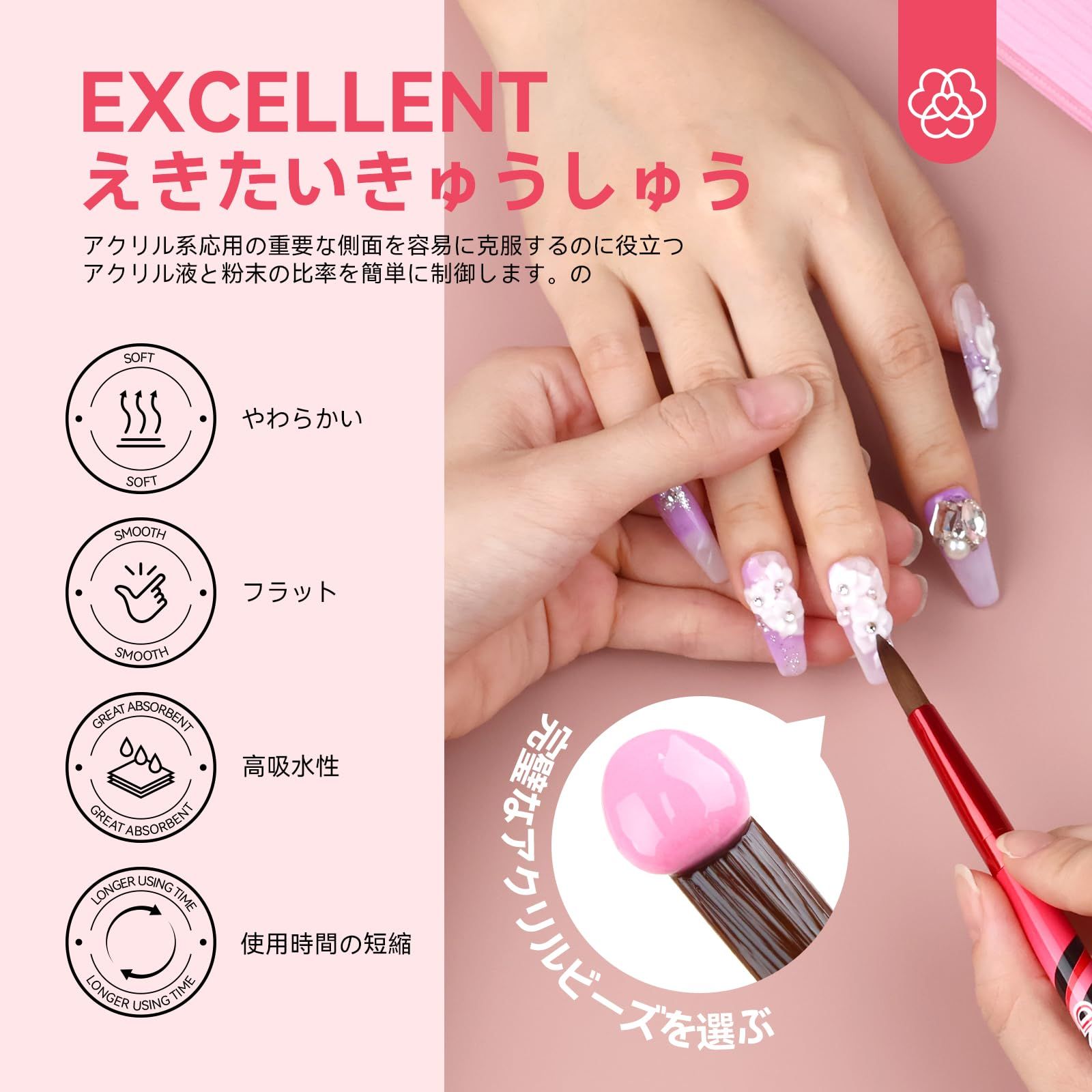 Saviland 3 個ピンクゼブラアクリルネイルブラシセット (8# 10# 14