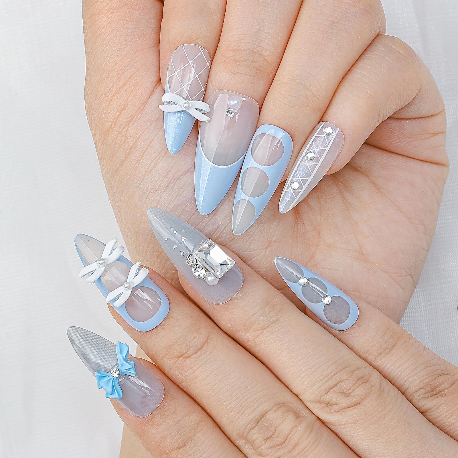 Sethexy 24枚入ネイルチップ ロングアーモンド チップ ラインストーン