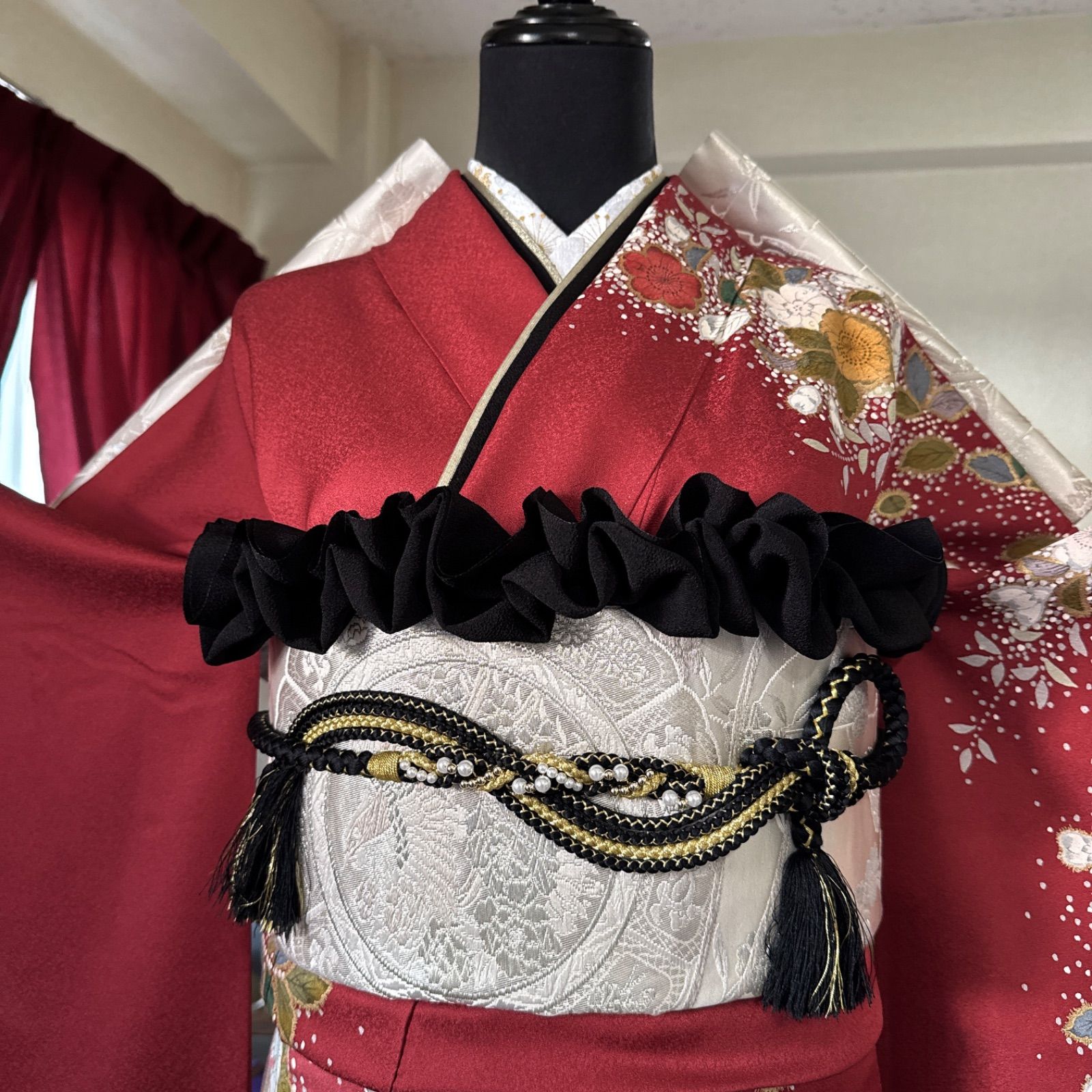 豪華振袖セット(4点)・袋帯・半衿・重ね衿・辻が花・駒刺繍・椿・藤