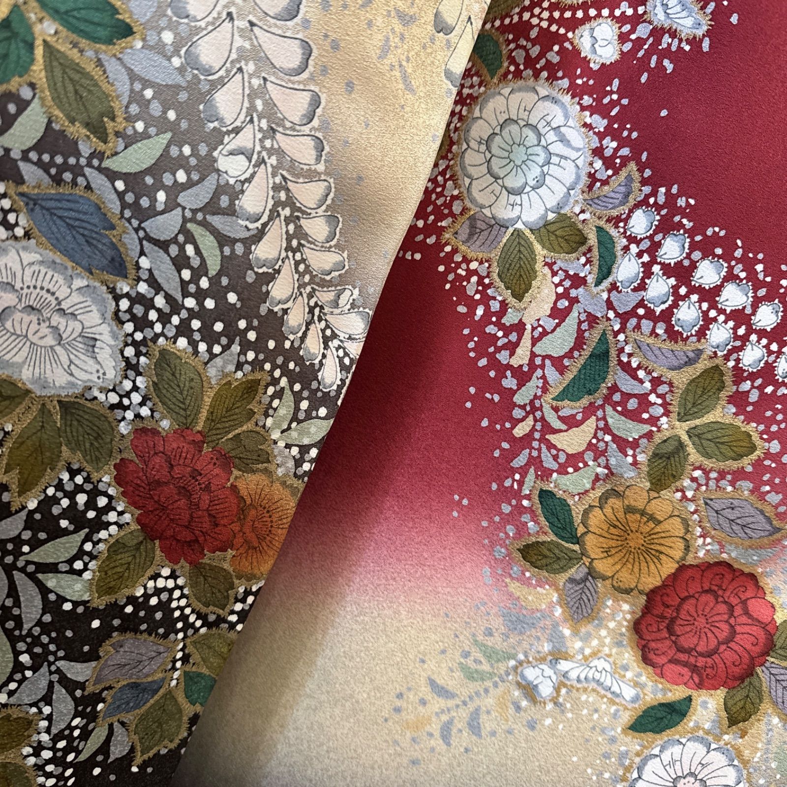 豪華振袖セット(4点)・袋帯・半衿・重ね衿・辻が花・駒刺繍・椿・藤