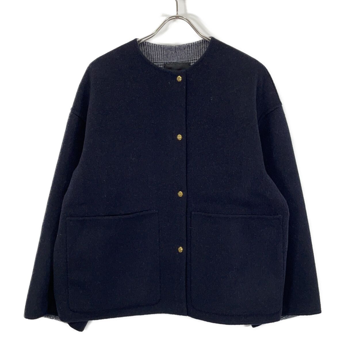 ドゥロワー drawer ノーカラージャケット　ネイビー　38 DRAWER ドゥロワー ﾈｲﾋﾞｰ 金釦 ｳｰﾙ ﾉｰｶﾗｰｼﾞｬｹｯﾄ 36 - メルカリ