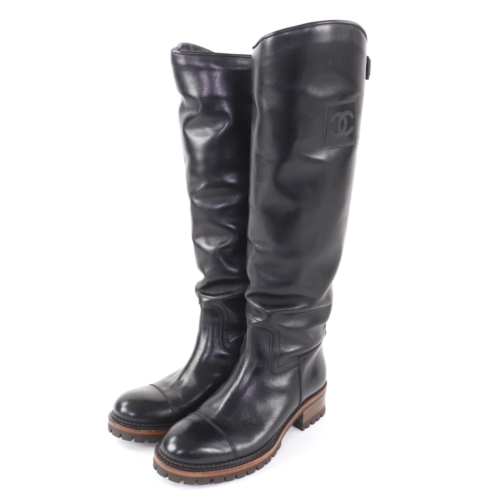 シャネル ブラックレザーココマーク フラットブーツ イタリア製 35C 美品☆CHANEL シャネル G25808 ココマーク バックZIP 裏ムートン
