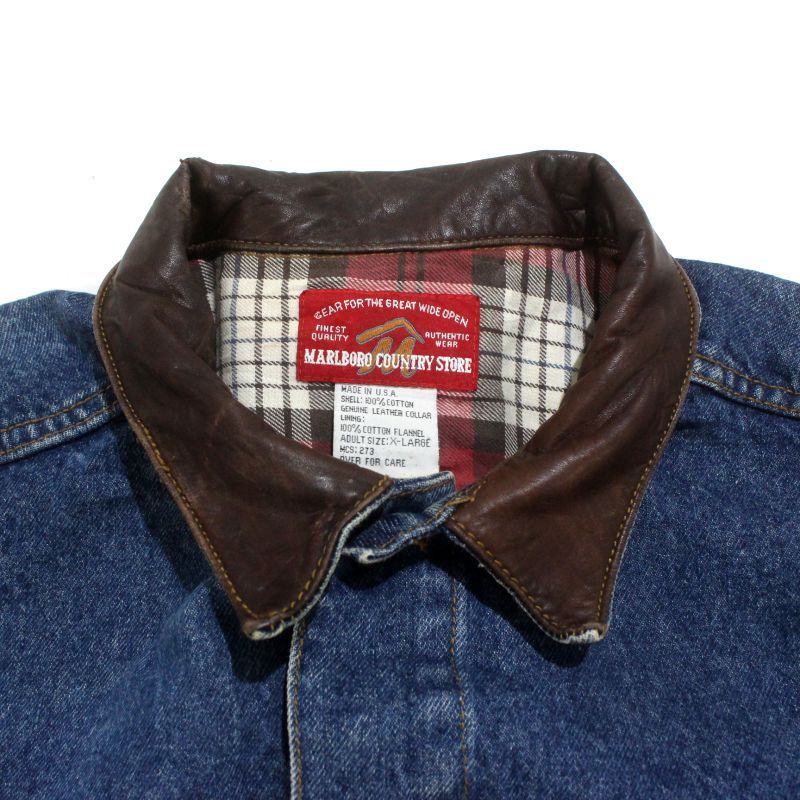 90s USA製 vintage Marlboro タバコ 煙草 襟レザー デニムジャケット