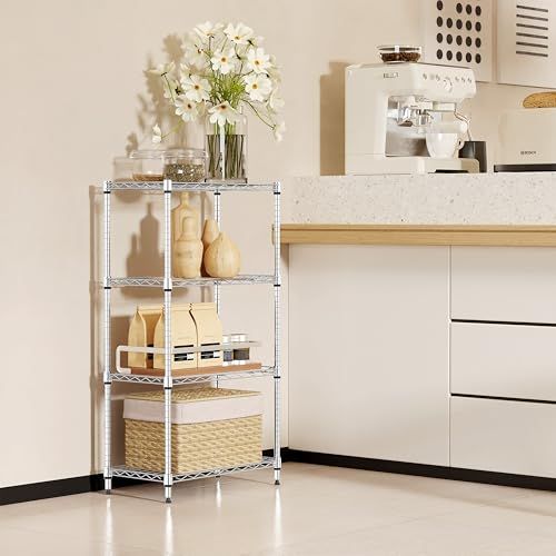 IZEUK スチールラック 4段 高さ伸縮メッシュ 収納棚 防錆加工 1枚落下