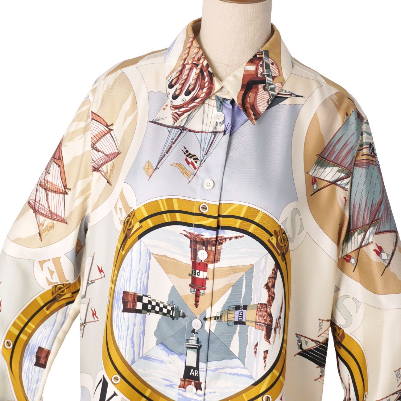 美品 エルメス HERMES シャツ マルジェラ期 ブラウス 長袖 総柄 シルク