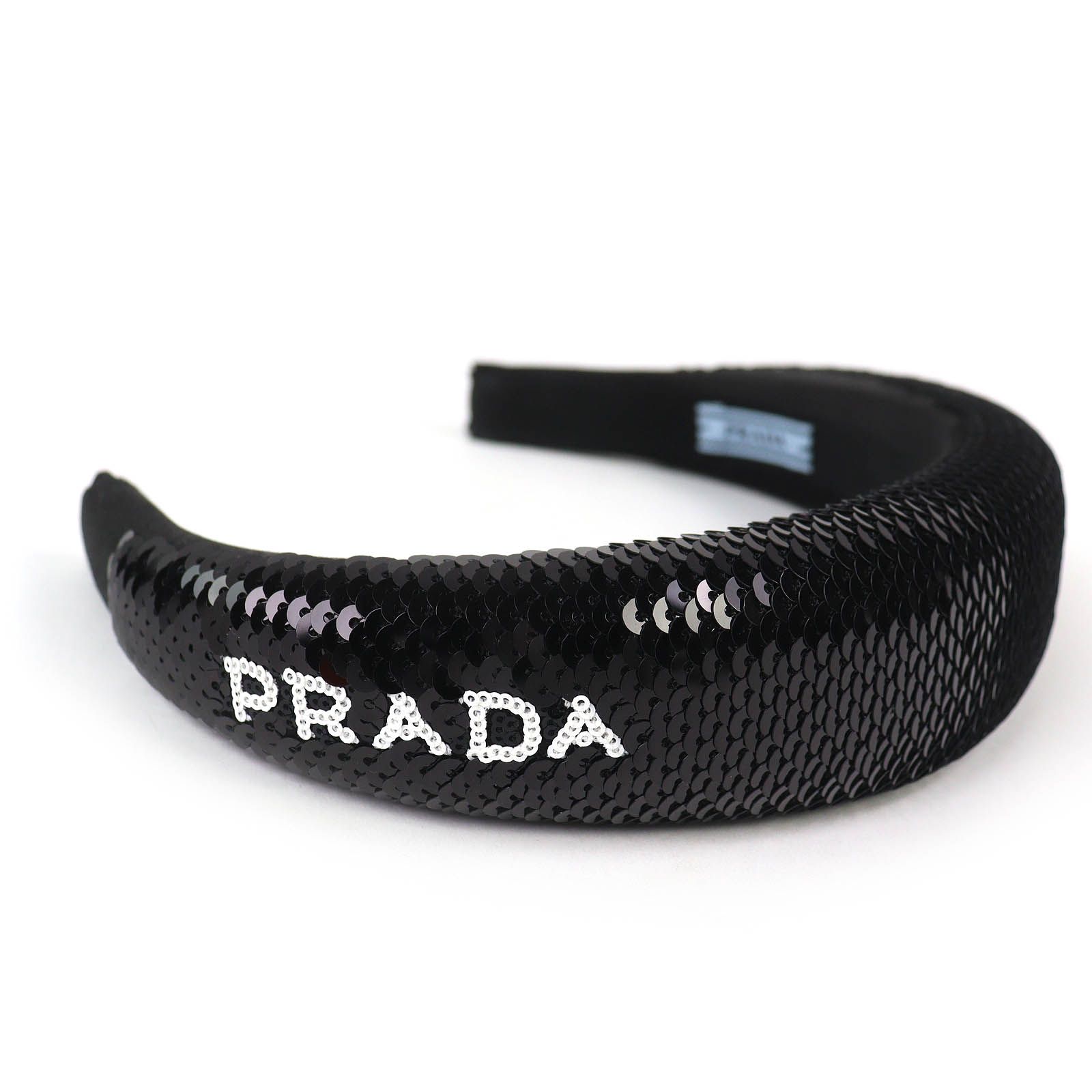 極美品△PRADA プラダ 1IH019 ロゴ スパンコール カチューシャ ヘア