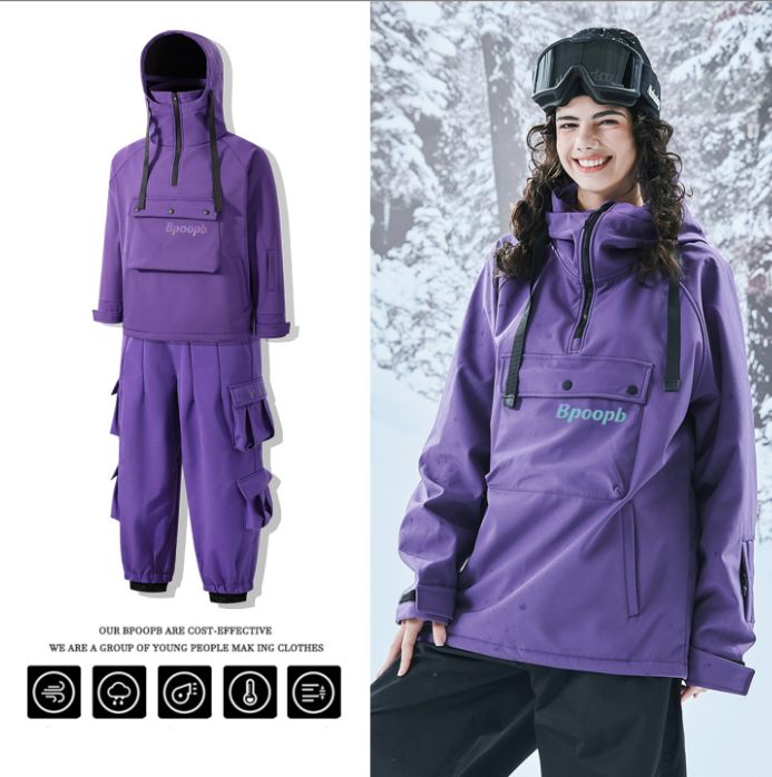 2点セット】スキーウェア 上下セット 裏起毛 ブラック パープル 厚手