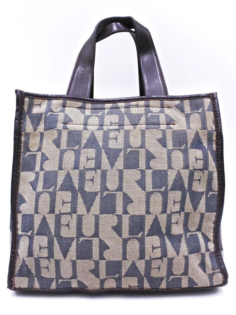 FURLA フルラ ロゴ 総柄 トートバッグ ハンドバッグ FURLA フルラ ロゴ総柄 トート バッグ ベージュx紺 □□ レディース