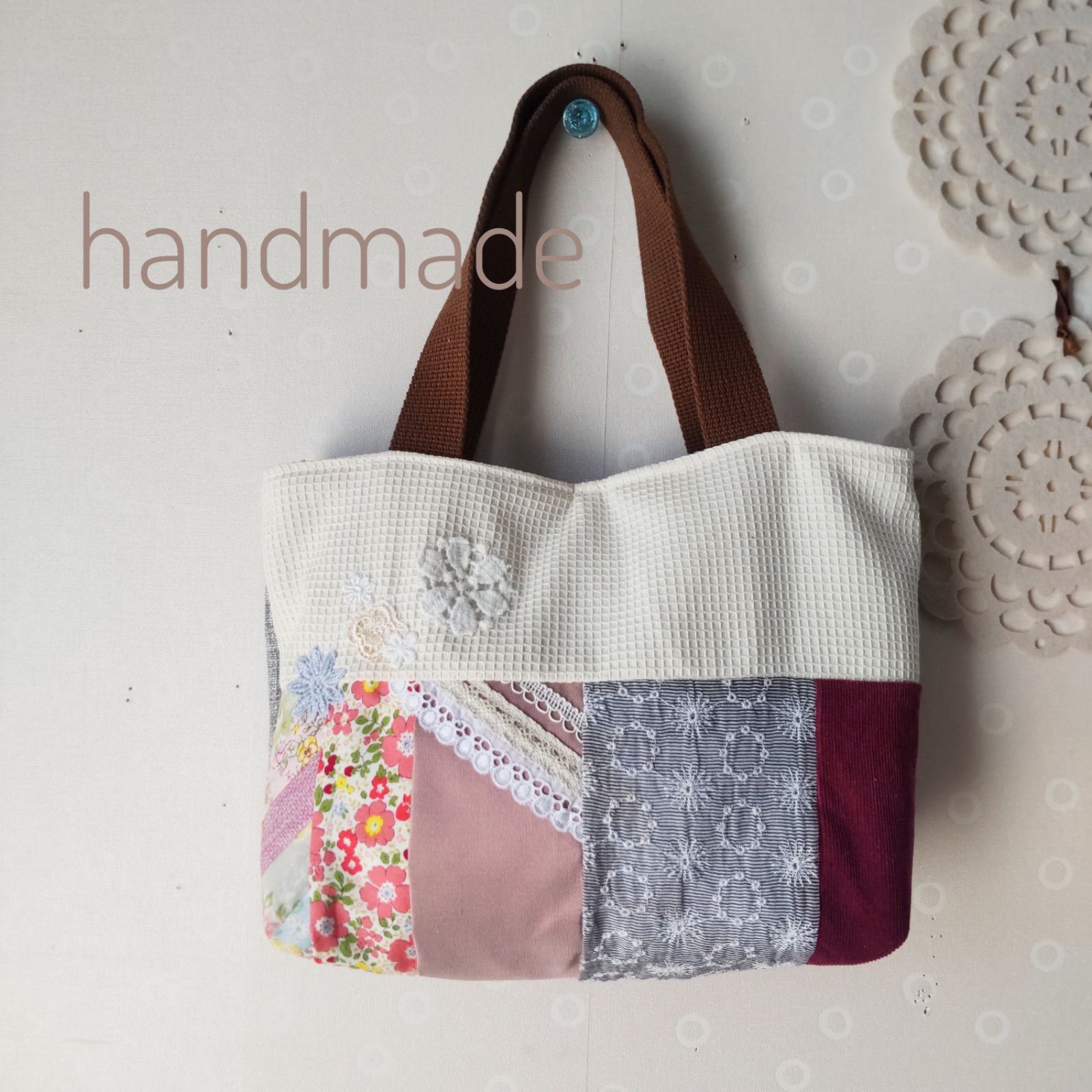 ハンドメイド パッチワーク ミニトートバッグ ピンク花柄 - メルカリ