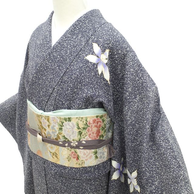 訪問着 着物 袷 手染め 地紋 黒 白 紫 花 裄66 Ｍ 中古 sn1798 訪問着 着物 袷 手染め 地紋 黒 白 紫 花 裄66 M 中古 sn1798