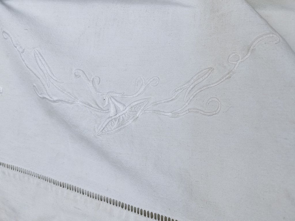 フランス アンティーク リネン 無地 シーツ 大 モノグラム 刺繍
