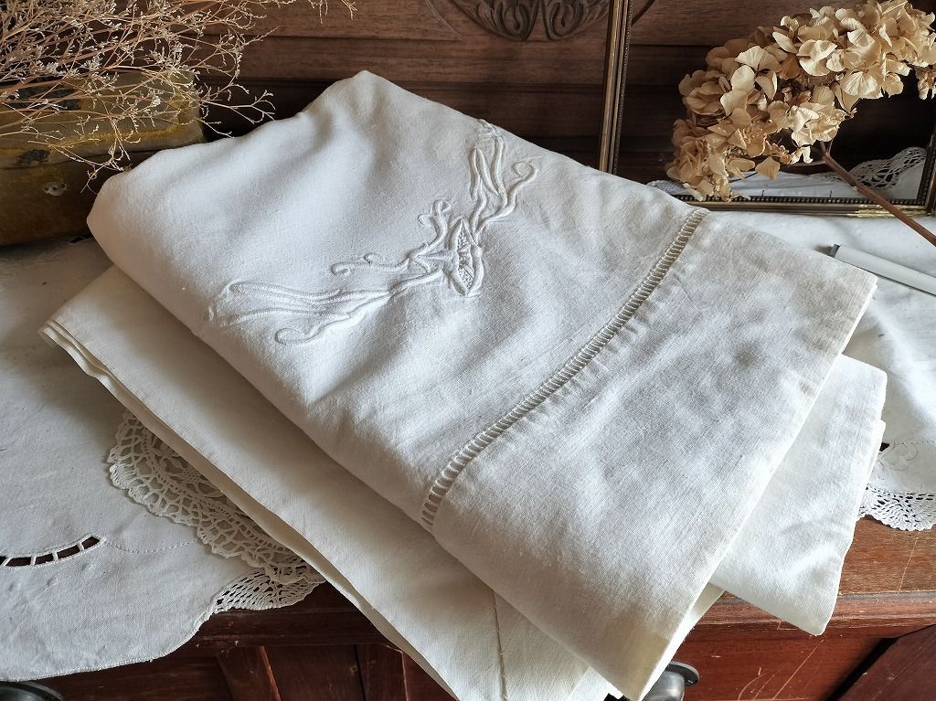 フランス アンティーク リネン 無地 シーツ 大 モノグラム 刺繍