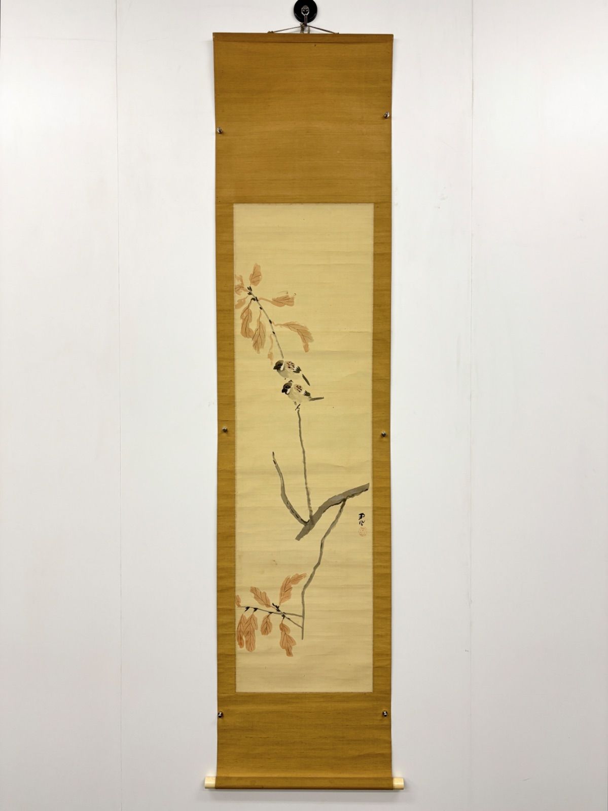 掛軸 M.70 南風 紅葉と雀の図 落款印あり ＃茶掛＃古美術 #骨董品