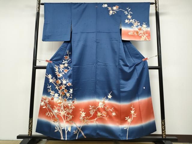 MK-1491 訪問着 十日町 吉澤友禅 吾妻徳穂 梅 橘 紅葉 花模様 濃藍色 MK-1491 訪問着 十日町 吉澤友禅 吾妻徳穂 梅 橘 紅葉 花模様 濃藍色