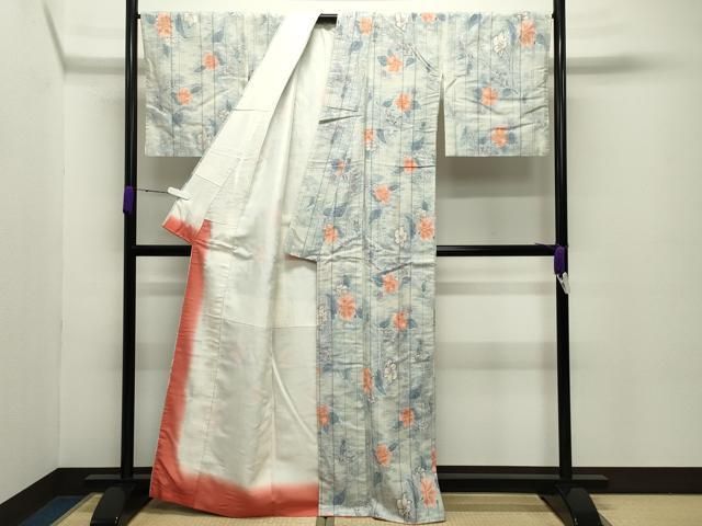 水着/浴衣 平和屋着物○小千谷紬 枝花文 黒地 正絹 逸品 AABI1221fy