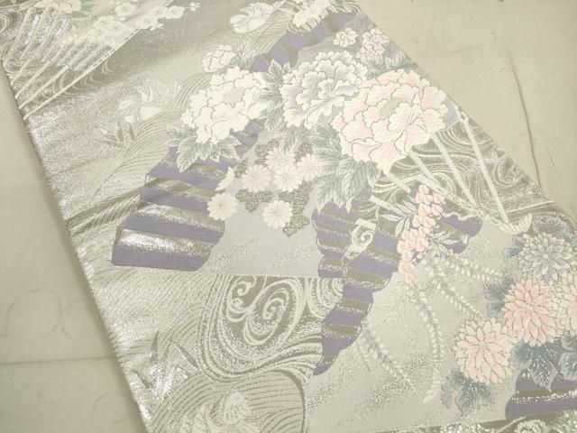 平和屋着物◎六通柄袋帯 唐織 九百錦 流水扇面花鳥文 プラチナ二重箔